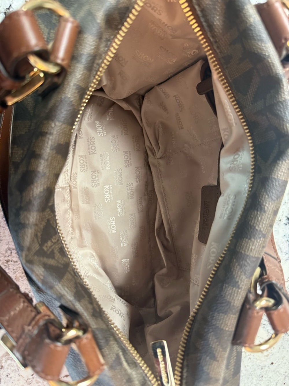 Michael Kors Brown and Tan Logo Satchel with Gold Hardware - Picture 4 of 9